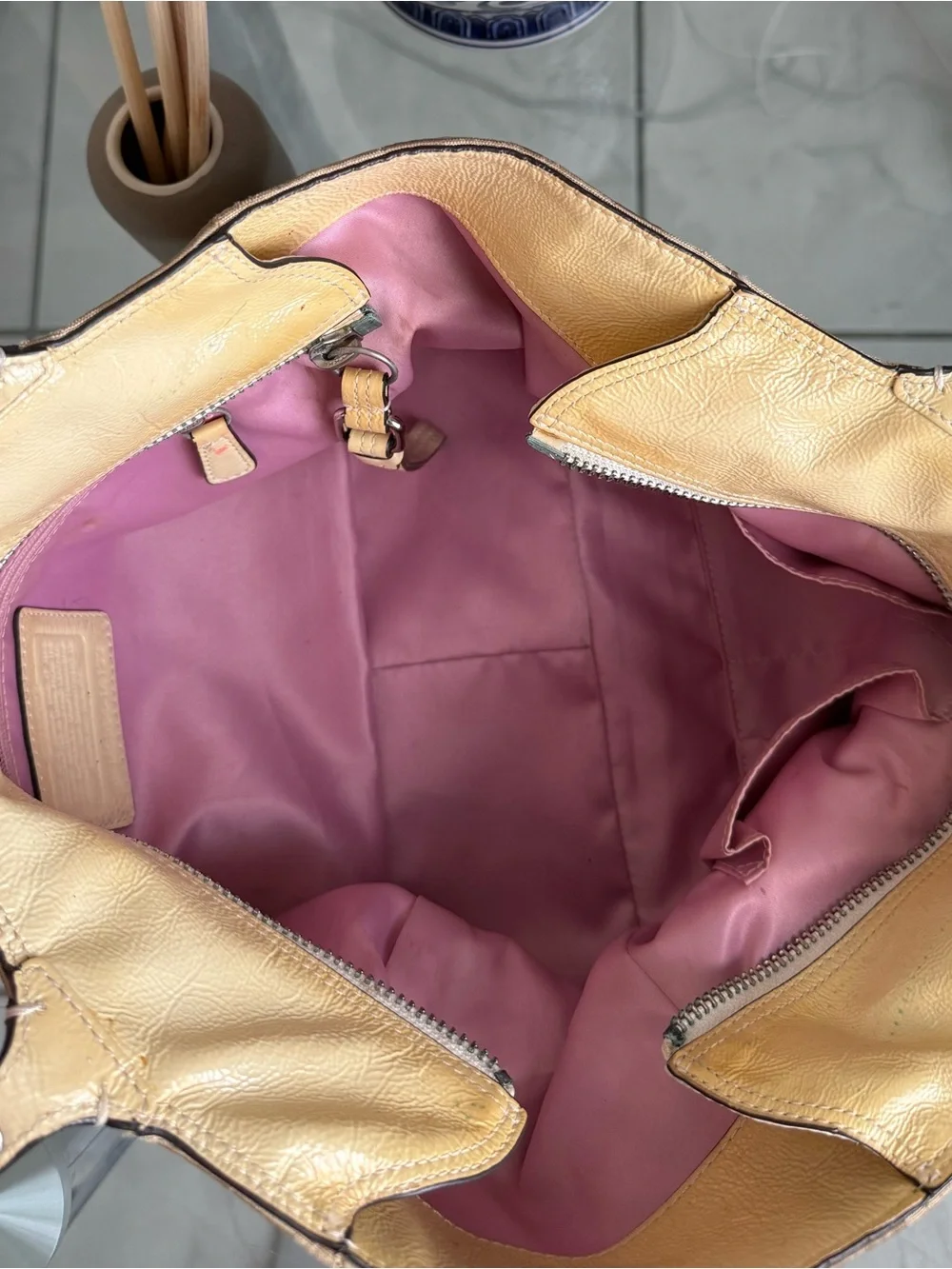 Coach Beige Signature Tote Bag with Gold Trim